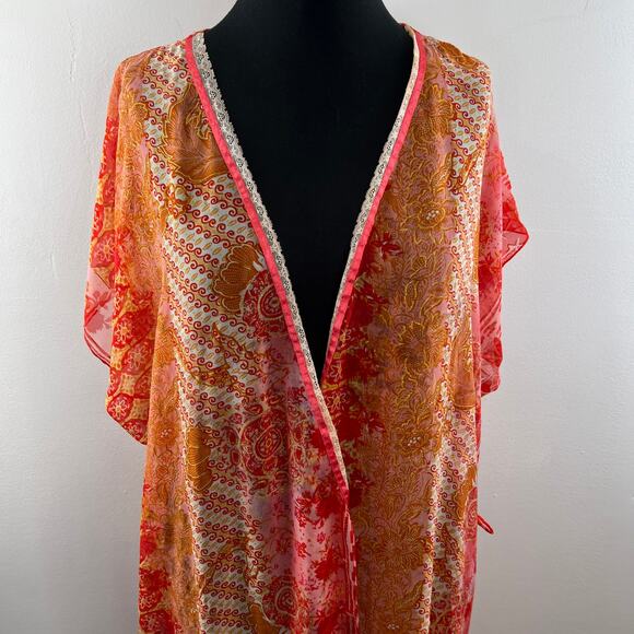VINTAGE Cinema Etoile Pareo Shawl Orange Floral Floral Printed Open Front 16/18 - Picture 3 of 9